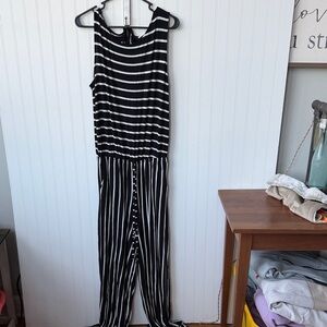 Zenana Outfitters Black & White Striped Sleeveless Jumpsuit